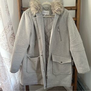 BCBGeneration Light Gray Faux-Fur Trim Hooded Coat